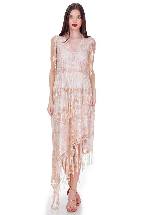 Rochie tull bej cu broderie si franjuri  Liza Panait Liza Panait Online Boutique